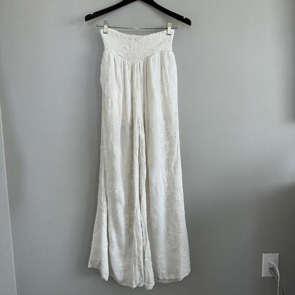Vintage GUESS Smocked Waist Wide Leg Palazzo Pants Ivory Embroidered Boho Sz S - Picture 1 of 12